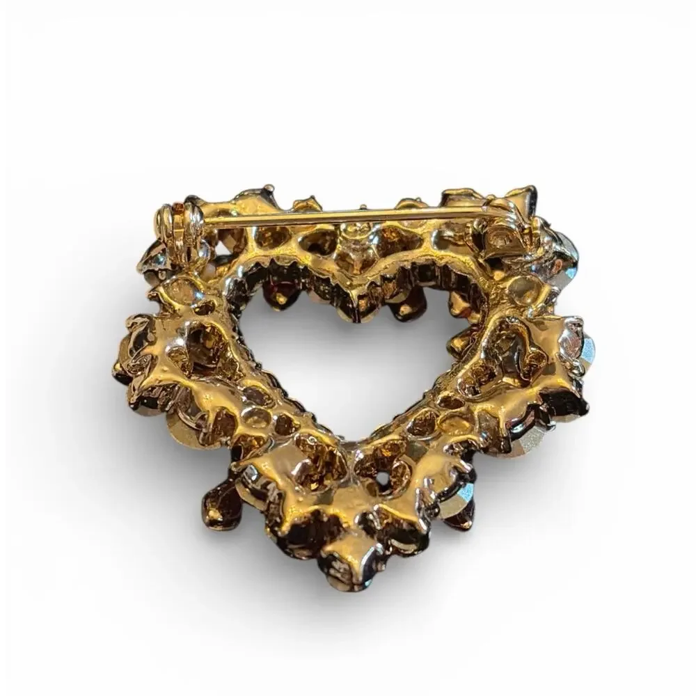 Matte Gold Tone Red Rhinestone Heart Brooch